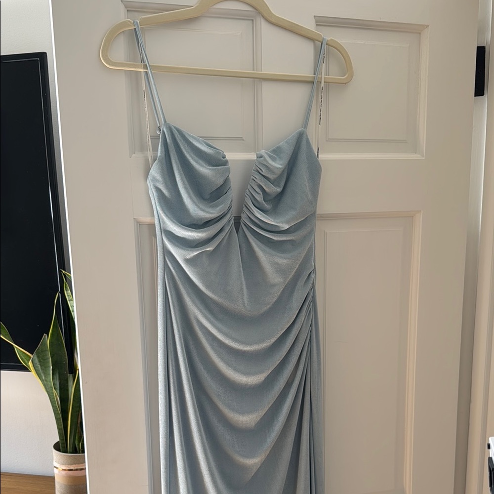 Katie May Light Blue Ruched Slip Dress with Spaghetti Straps